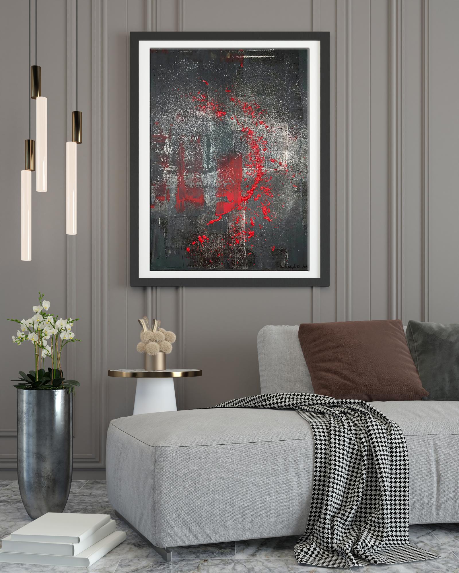 Framed Acrylic Night Melody painting by Olga Melezhik, bold red splatters on dark gray textured background