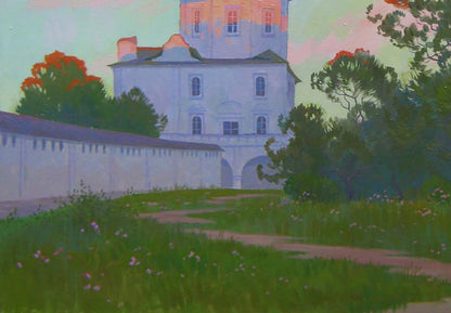 Oil painting Evening melody of bells by Valery Savenets: white stone castle