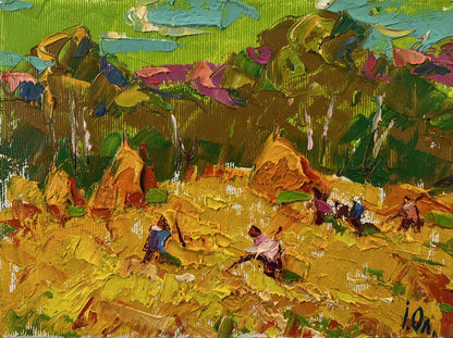 Vibrant impressionist oil painting by Oleksiy Ivanyuk: golden field with haystacks