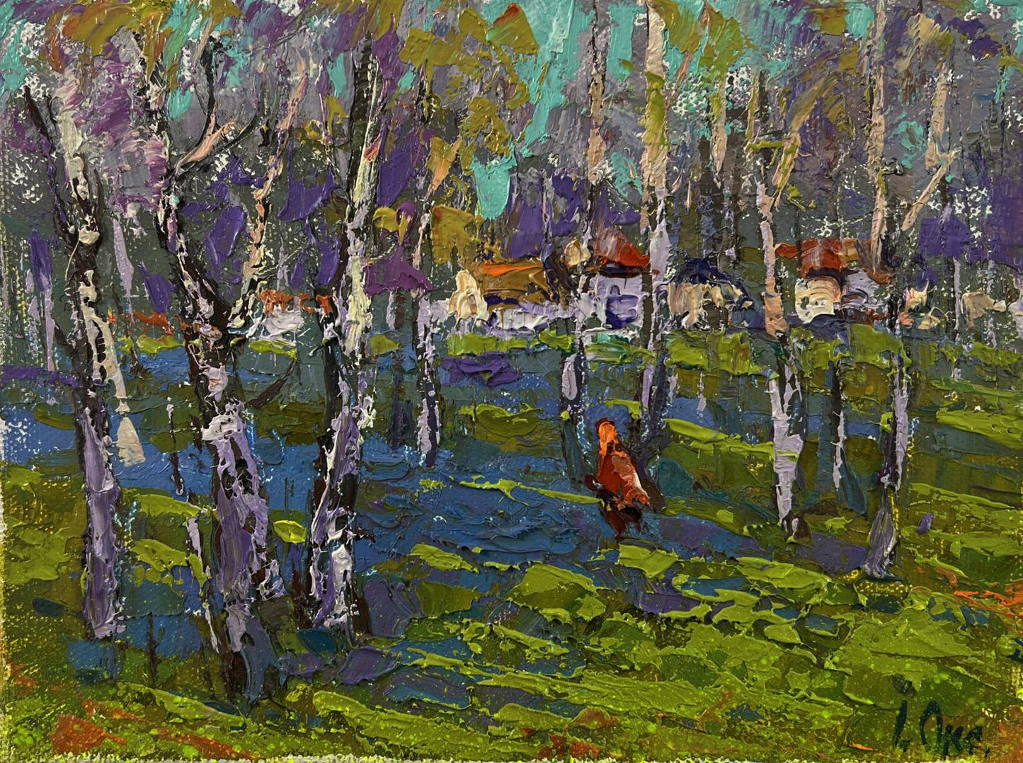 Quiet rural forest oil painting by Oksana Ivanyuk with birch trees