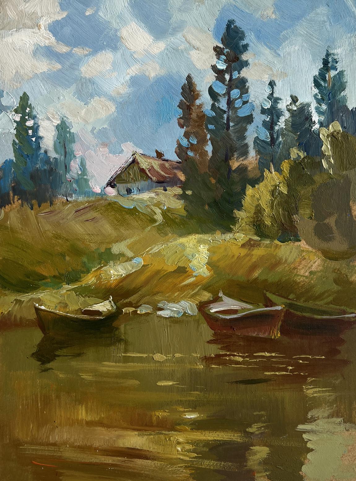 Rustic wooden cabin in evergreens by lake, oil painting by Yuriy Suprunchuk