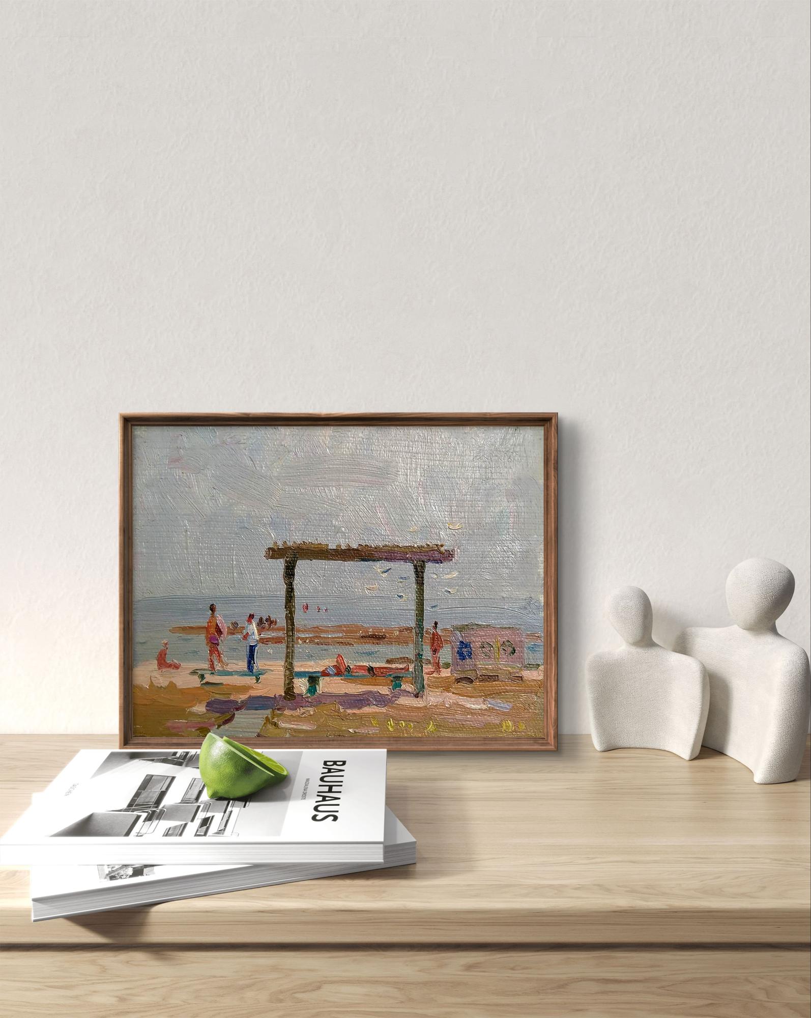 Framed oil painting of beach near river by Yury Konovalov, visible brushstrokes