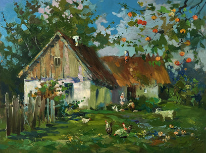 Oil painting of rustic village house with animals by Yuriy Suprunchuk