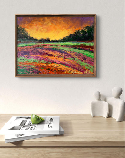 Oil painting Sunset behind the forest by V. Zadorozhnya in wooden frame