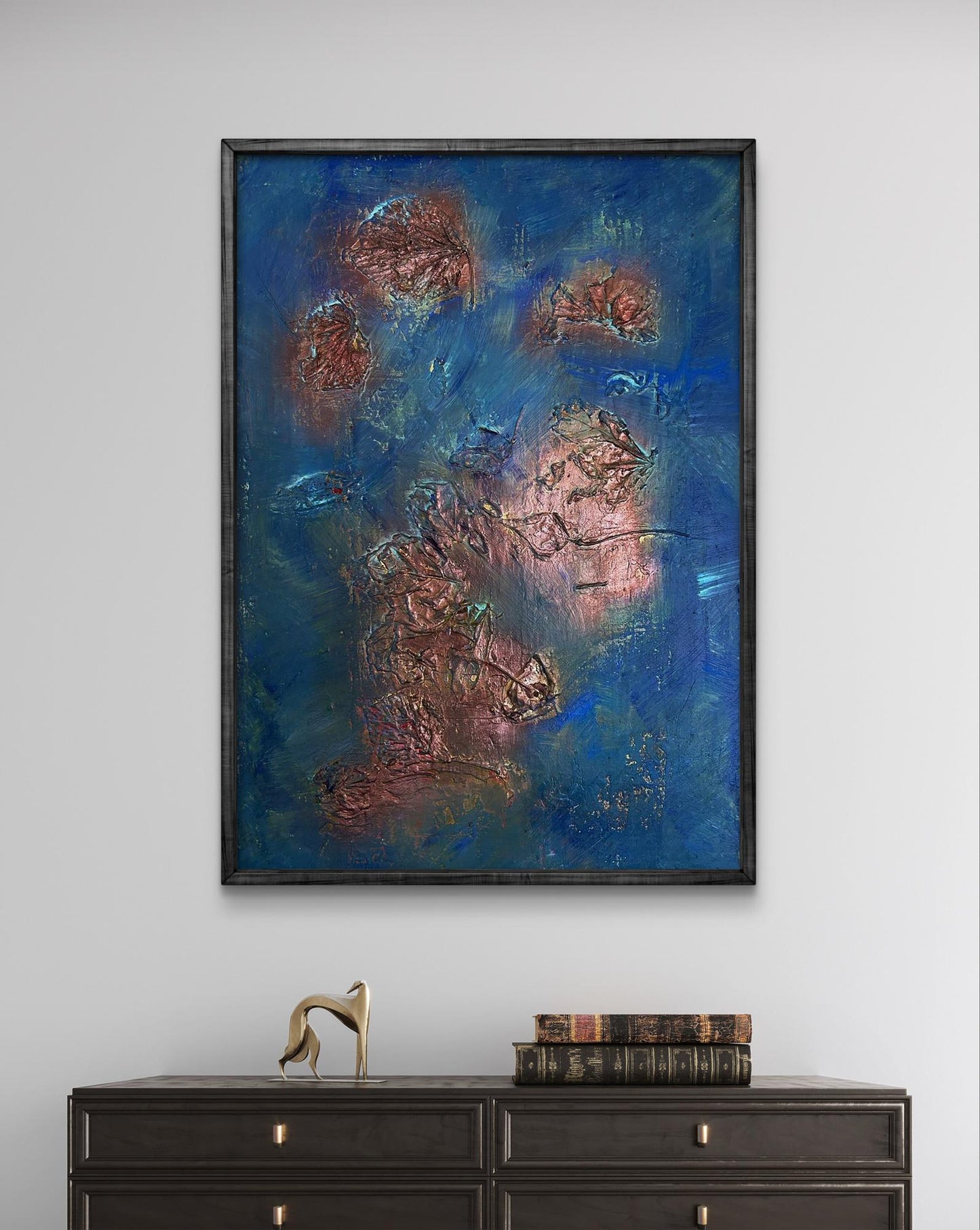 Acrylic painting Leaves in water by Olga Melezhik, textured blue and coppery-red in dark wood frame