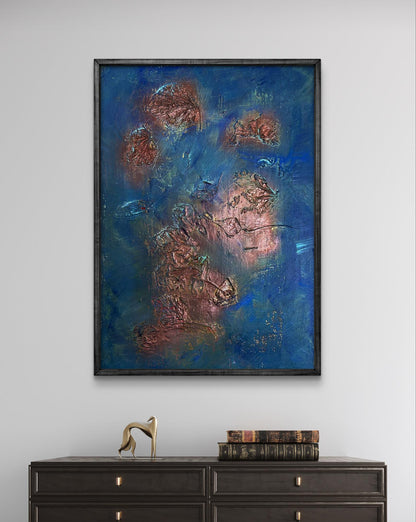 Acrylic painting Leaves in water by Olga Melezhik, textured blue and coppery-red in dark wood frame