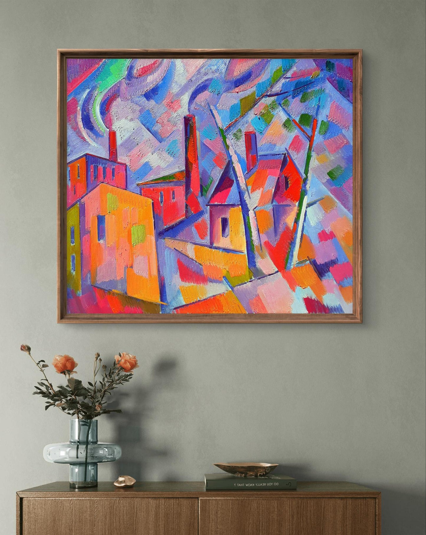 Vibrant abstract industrial cityscape oil painting by Peter Dobrev in wood frame