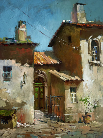 Oil painting of weathered stone alleyway with old house by Yuriy Suprunchuk