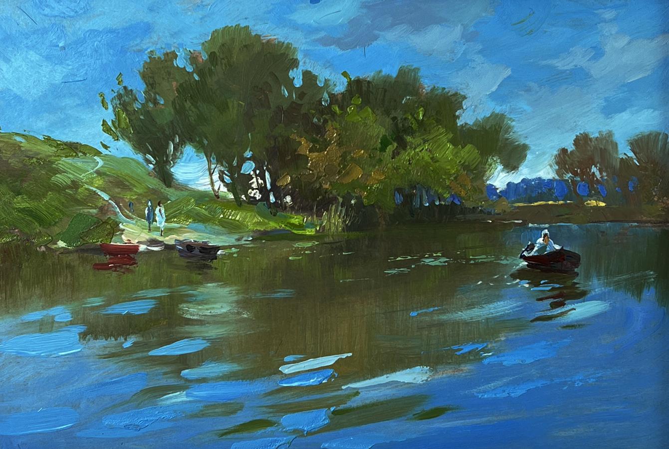 Vibrant impressionist oil painting of boats in river by Yuriy Suprunchuk