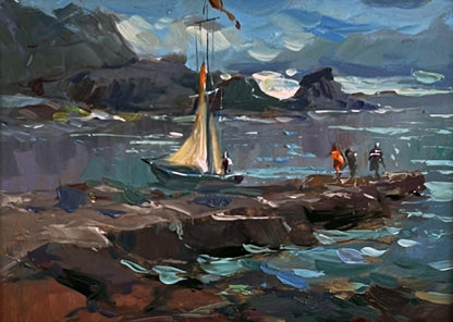 Oil painting of sailboat near seashore by Yuriy Suprunchuk