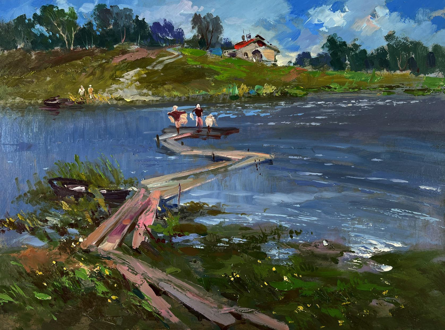 Oil painting by Yuriy Suprunchuk of weathered dock in calm blue river