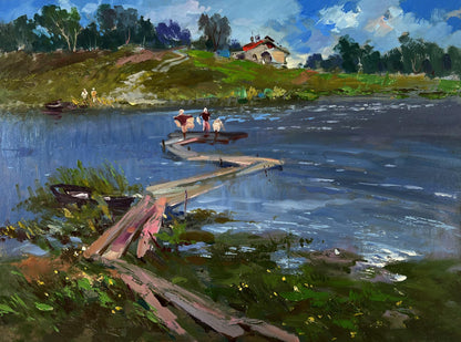 Oil painting by Yuriy Suprunchuk of weathered dock in calm blue river