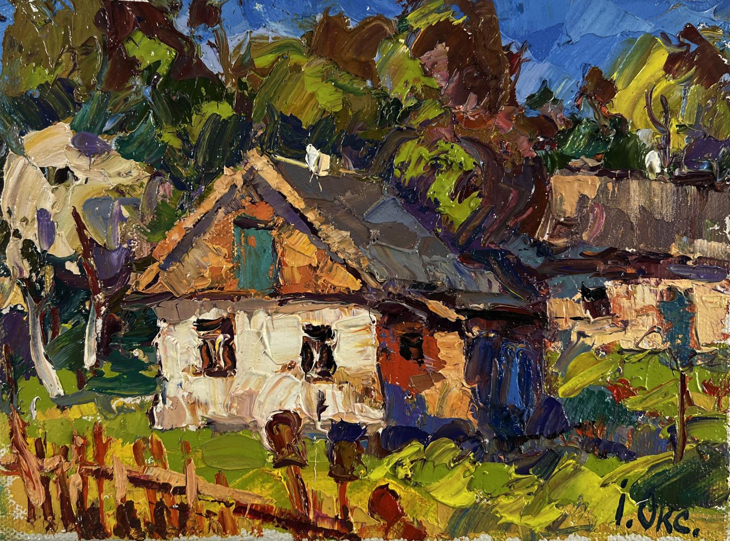 Oil painting of rustic white cottage in green trees by Oksana Ivanyuk