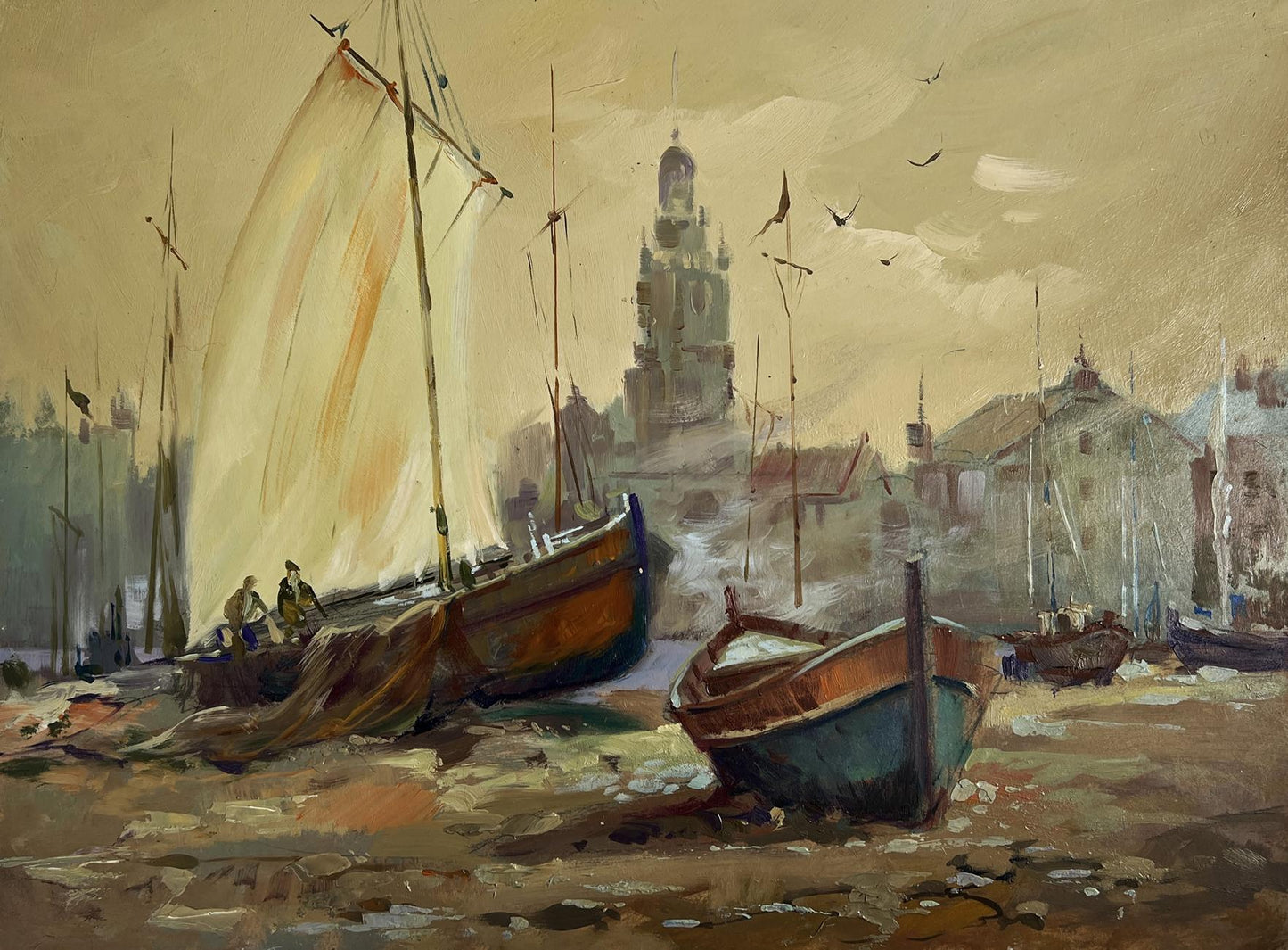 Oil painting Evening on the pier by Yuriy Suprunchuk: weathered blue fishing boat