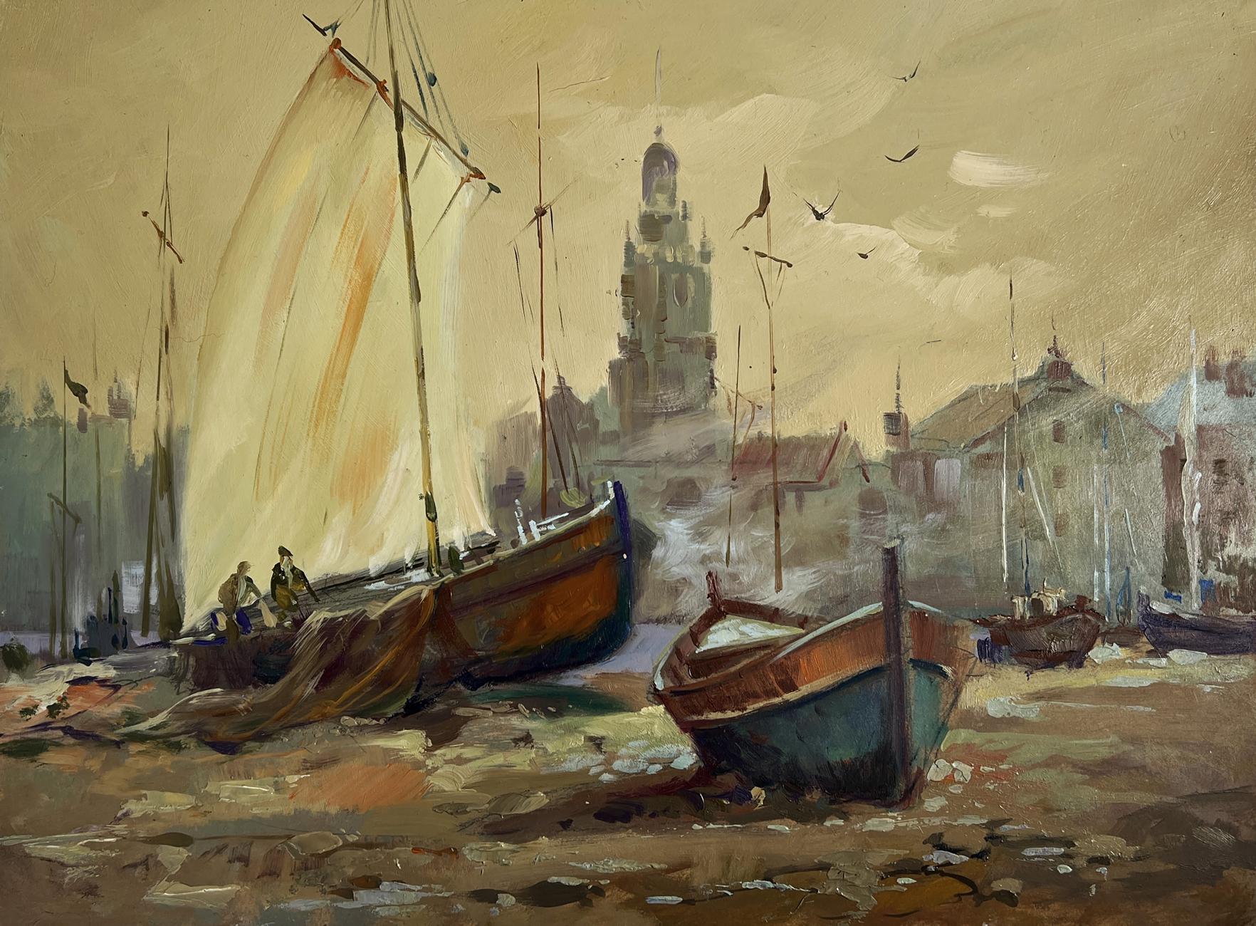 Oil painting Evening on the pier by Yuriy Suprunchuk: weathered blue fishing boat