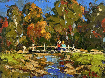 Vibrant impressionist oil painting by Oleksiy Ivanyuk of figures on stone bridge in autumn forest