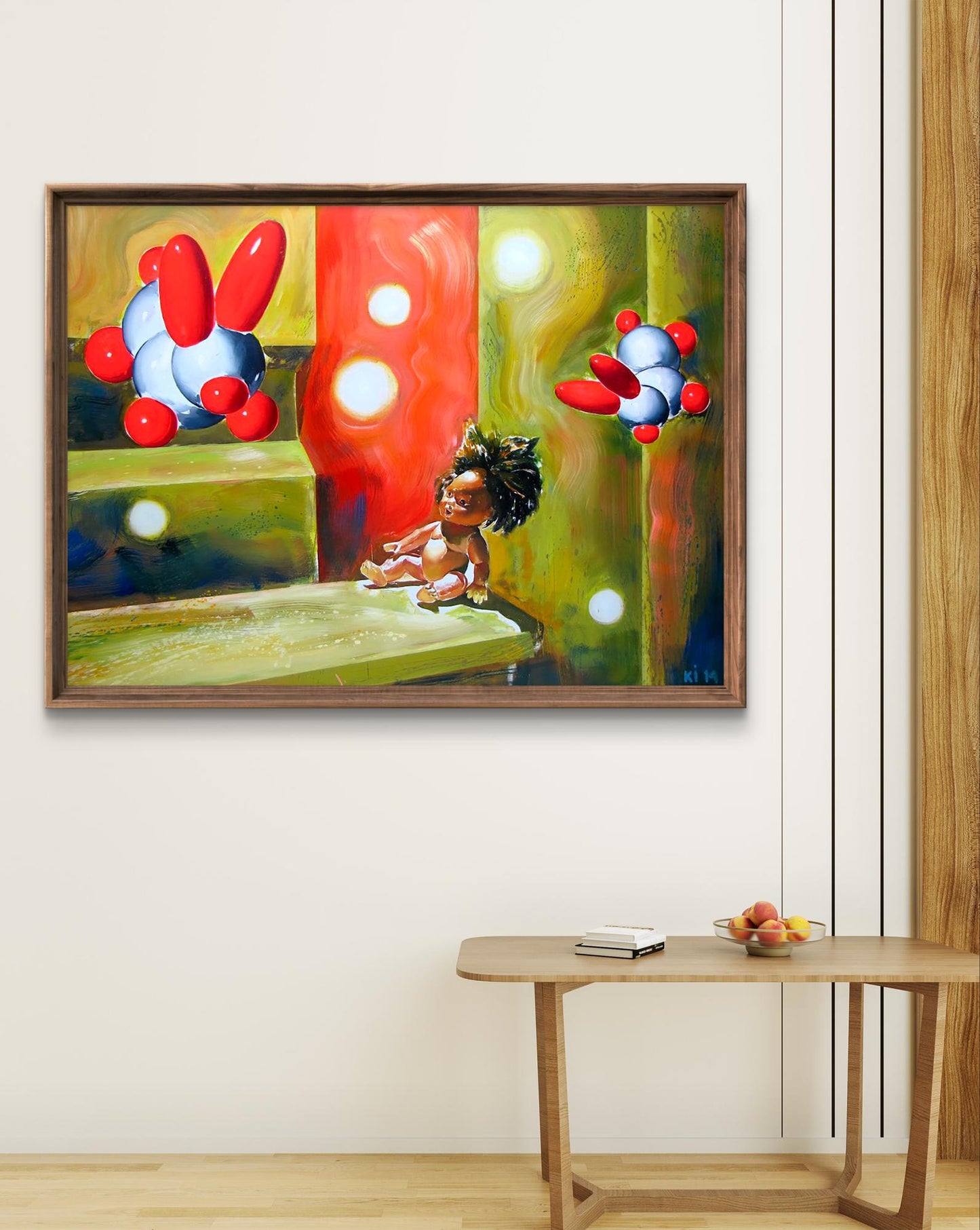Oil painting Good night by Igor Konovalov: child on green ledge with molecular figures