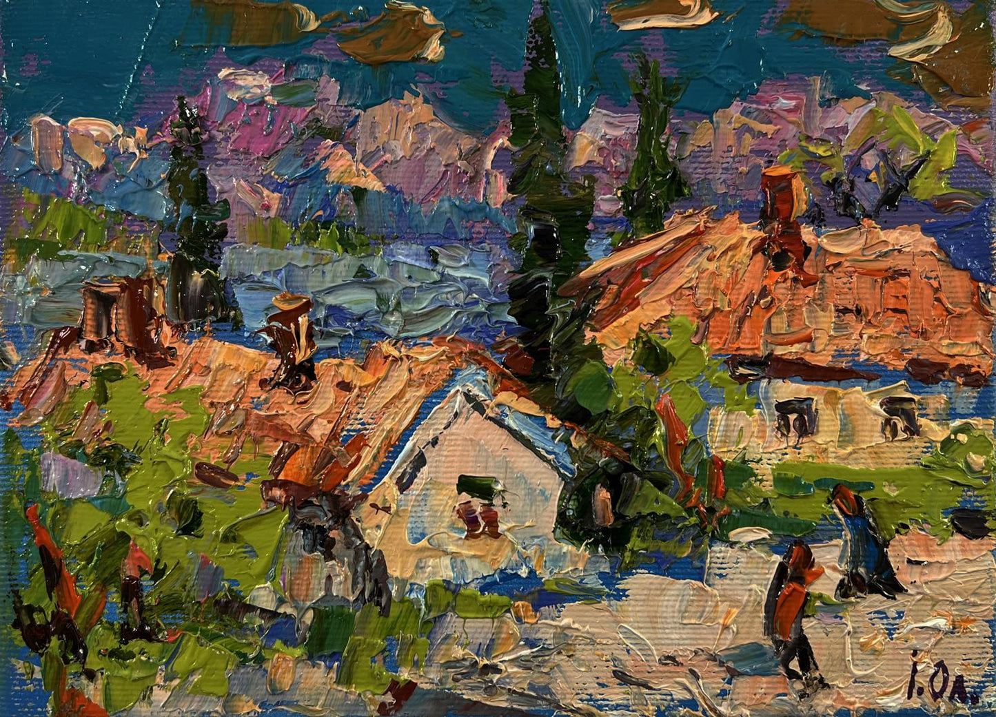 Vibrant Oleksiy Ivanyuk oil painting of sunny village day with terracotta roofs