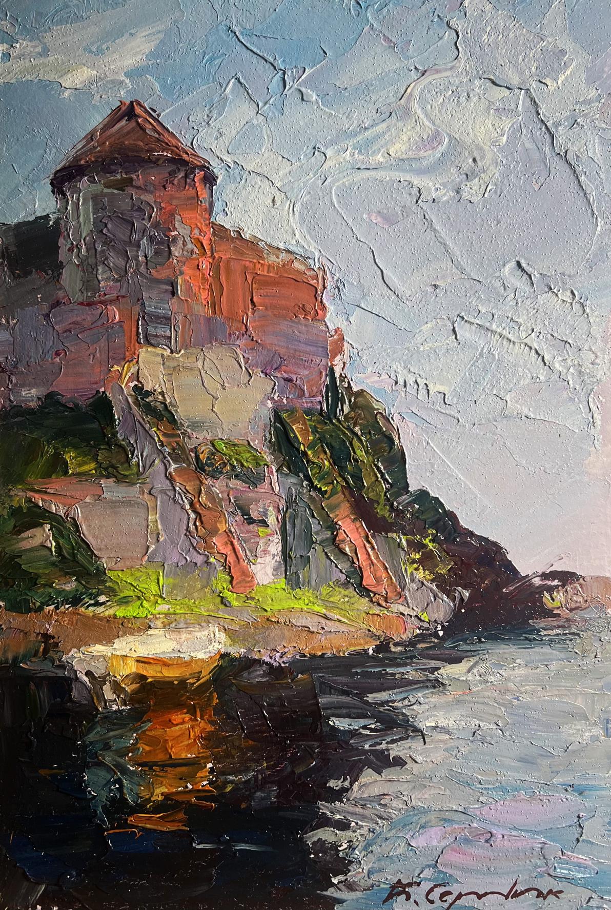 Oil painting Fortress by the Sea by Boris Serdyuk, rugged tower on cliff