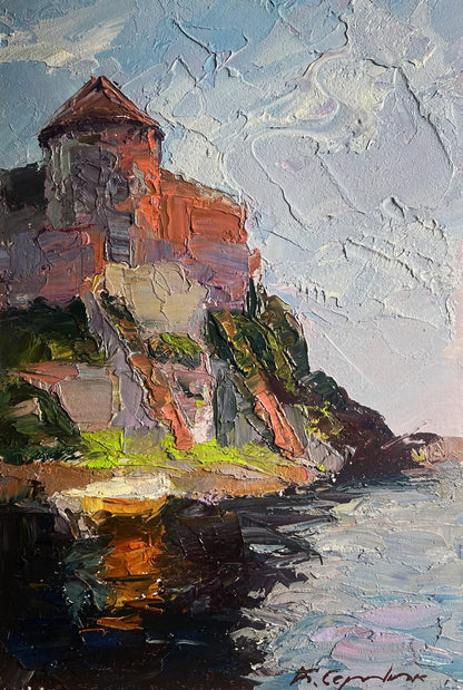 Oil painting Fortress by the Sea by Boris Serdyuk, rugged tower on cliff