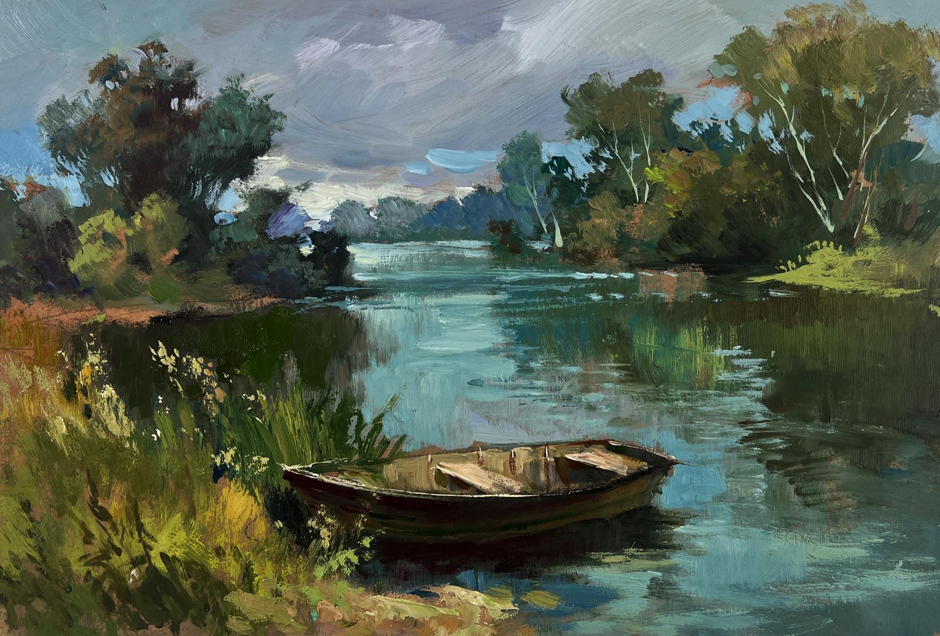 Oil painting by Yuriy Suprunchuk: weathered rowboat on teal river as rain nears