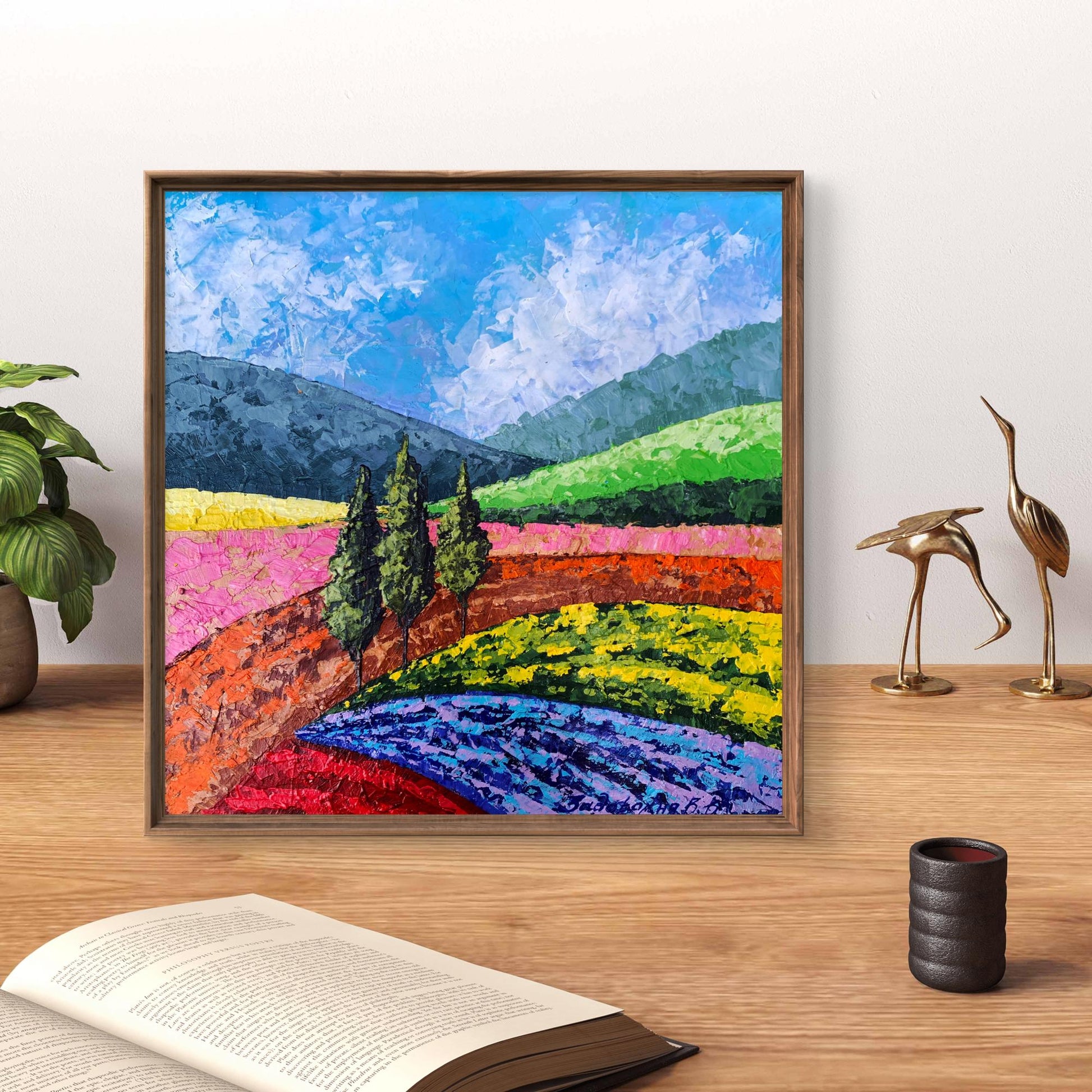Vibrant Oil Painting Mountain Glade V. Zadorozhnya colorful hills and trees