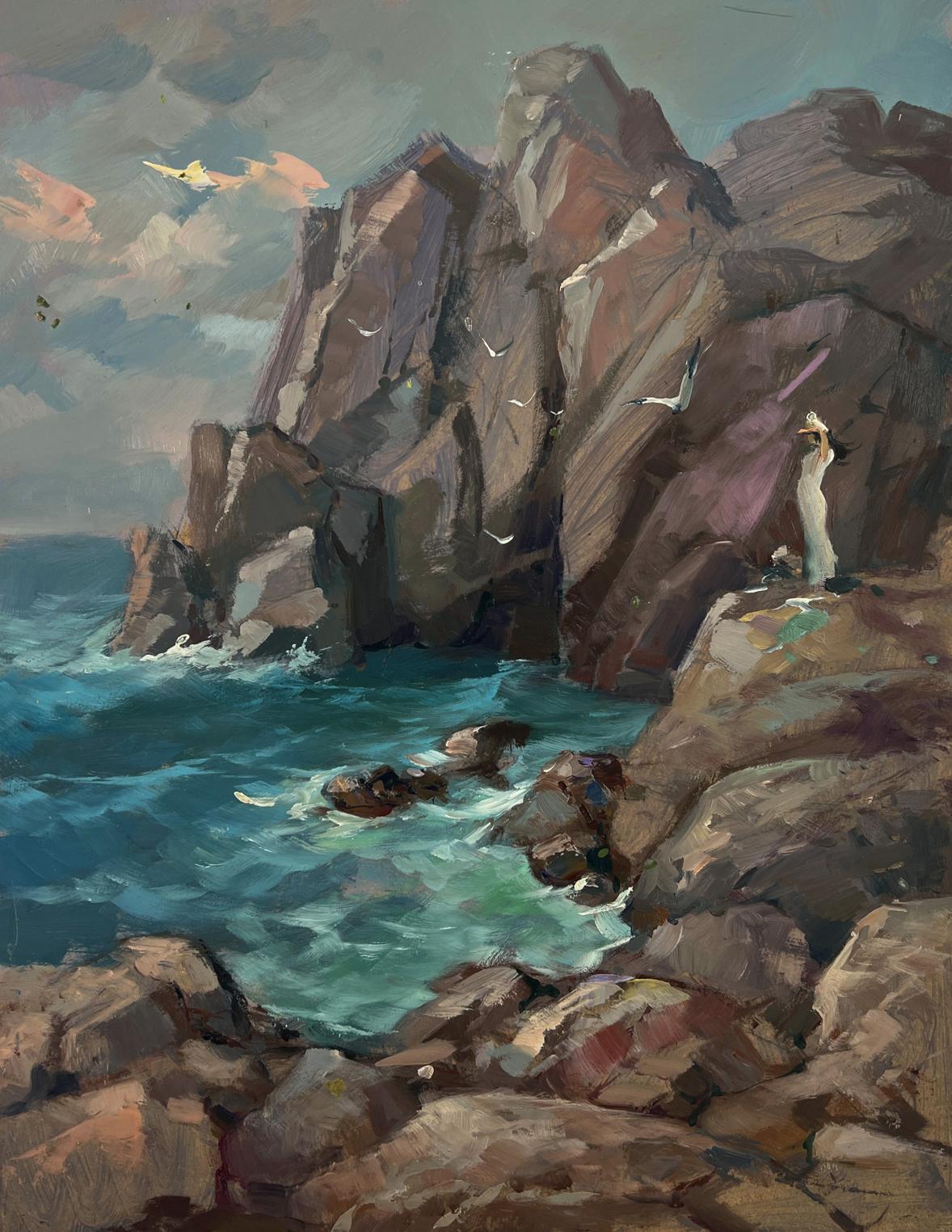 Oil painting by Yuriy Suprunchuk: figure on rugged cliffs over turquoise sea