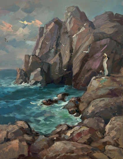 Oil painting by Yuriy Suprunchuk: figure on rugged cliffs over turquoise sea