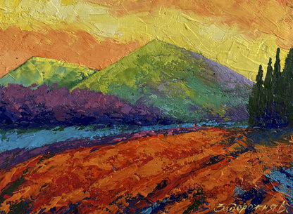 Vibrant impressionist oil painting Evening walk near the mountains by V. Zadorozhnya