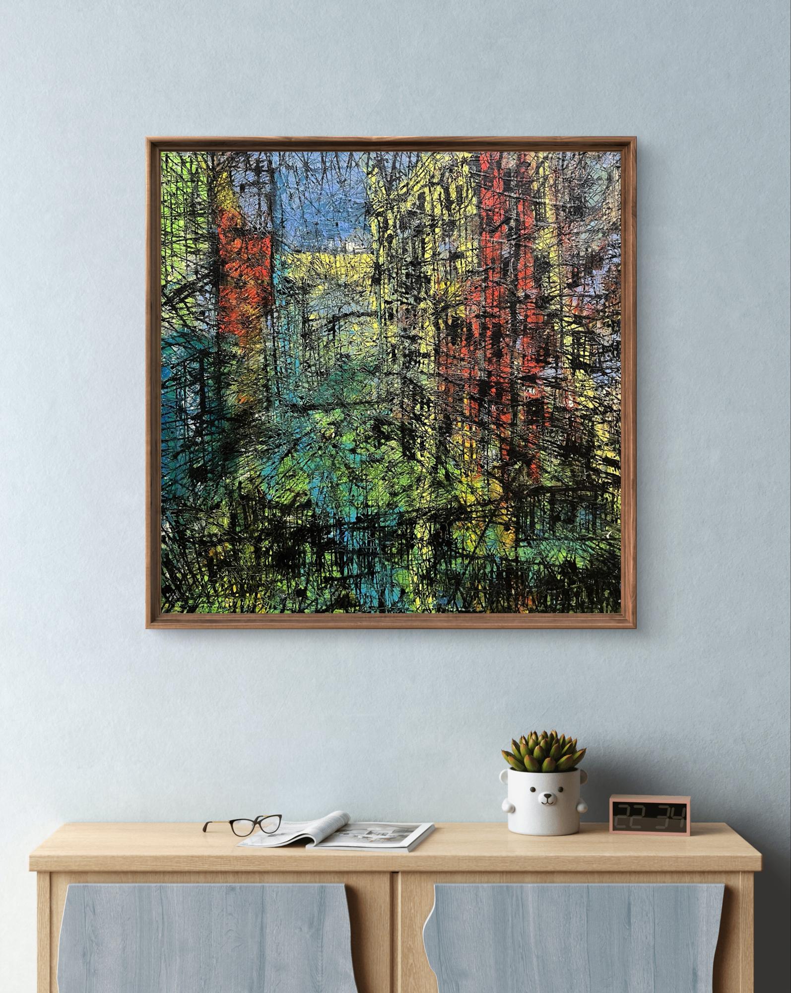 Oil painting Episode by Serhiy Kovalev: vibrant green, red, blue abstract square
