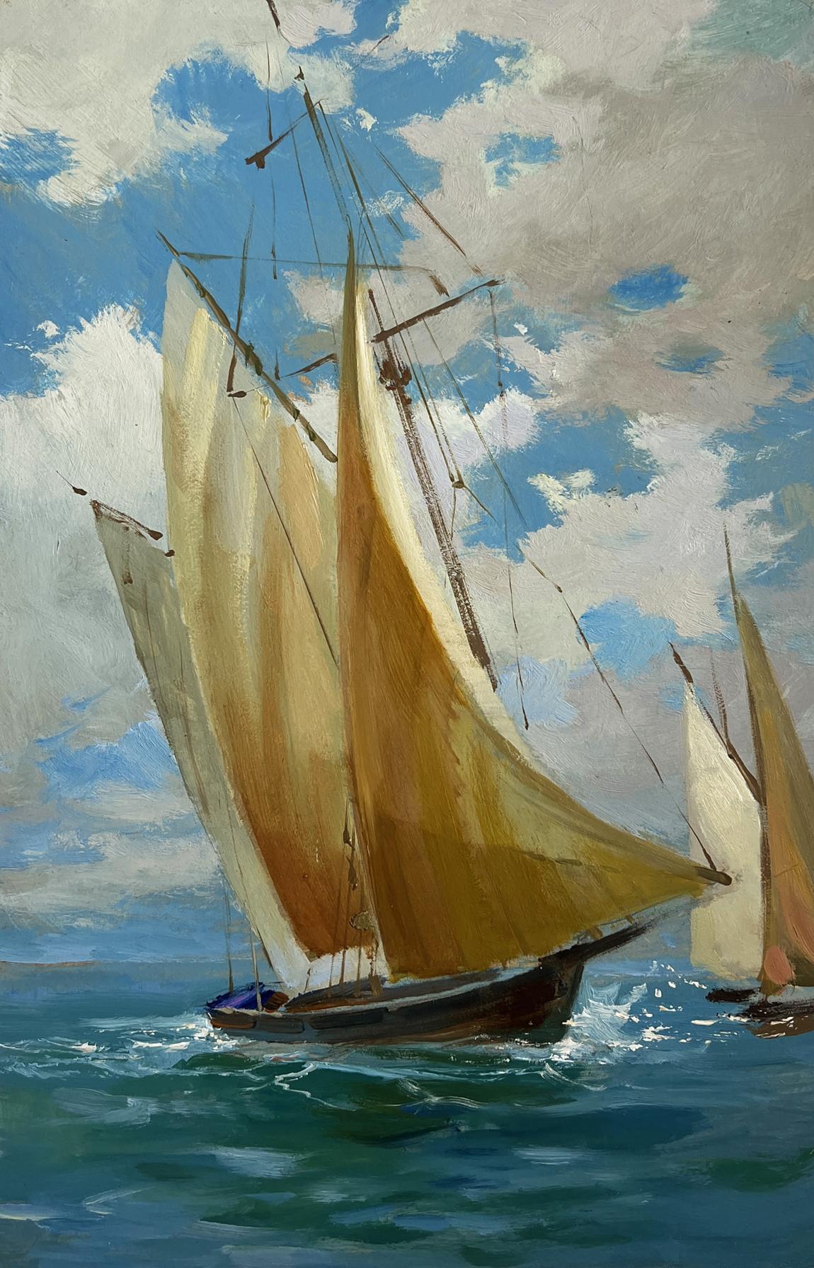 Oil painting of classic sailboat with cream sails at sea by Yuriy Suprunchuk
