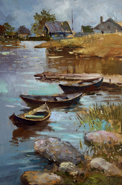 Oil painting of rustic rowboat moored in calm village port by Yuriy Suprunchuk