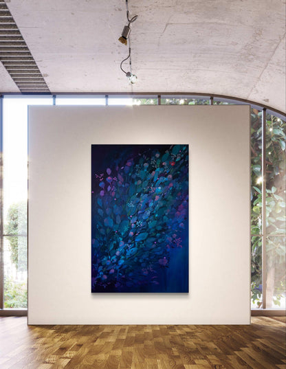 Oil painting Swan by Victoria Kagalovska, vibrant blue purple foliage on white wall