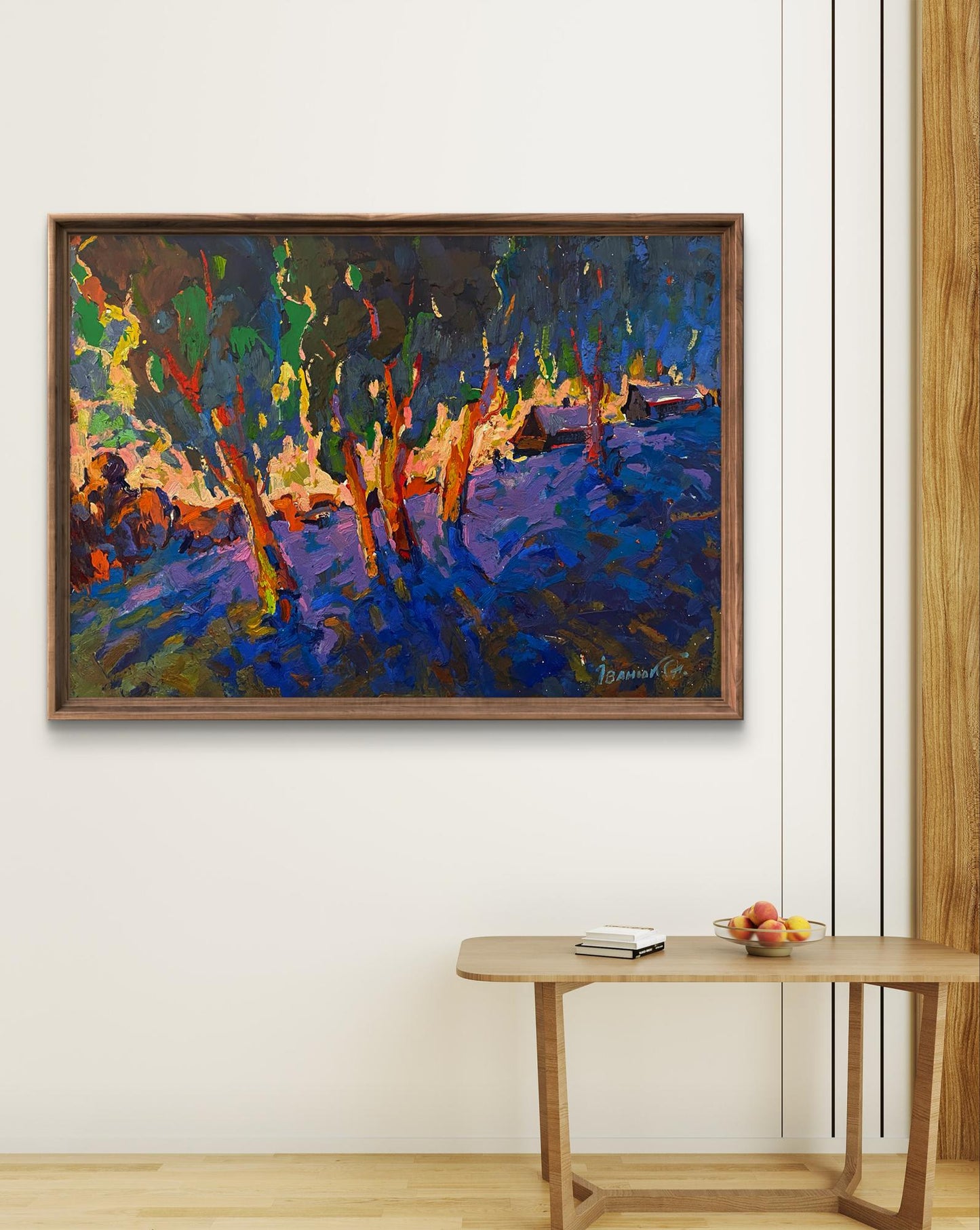 Oil painting Winter evening by Oleksiy Ivanyuk in dark wood frame