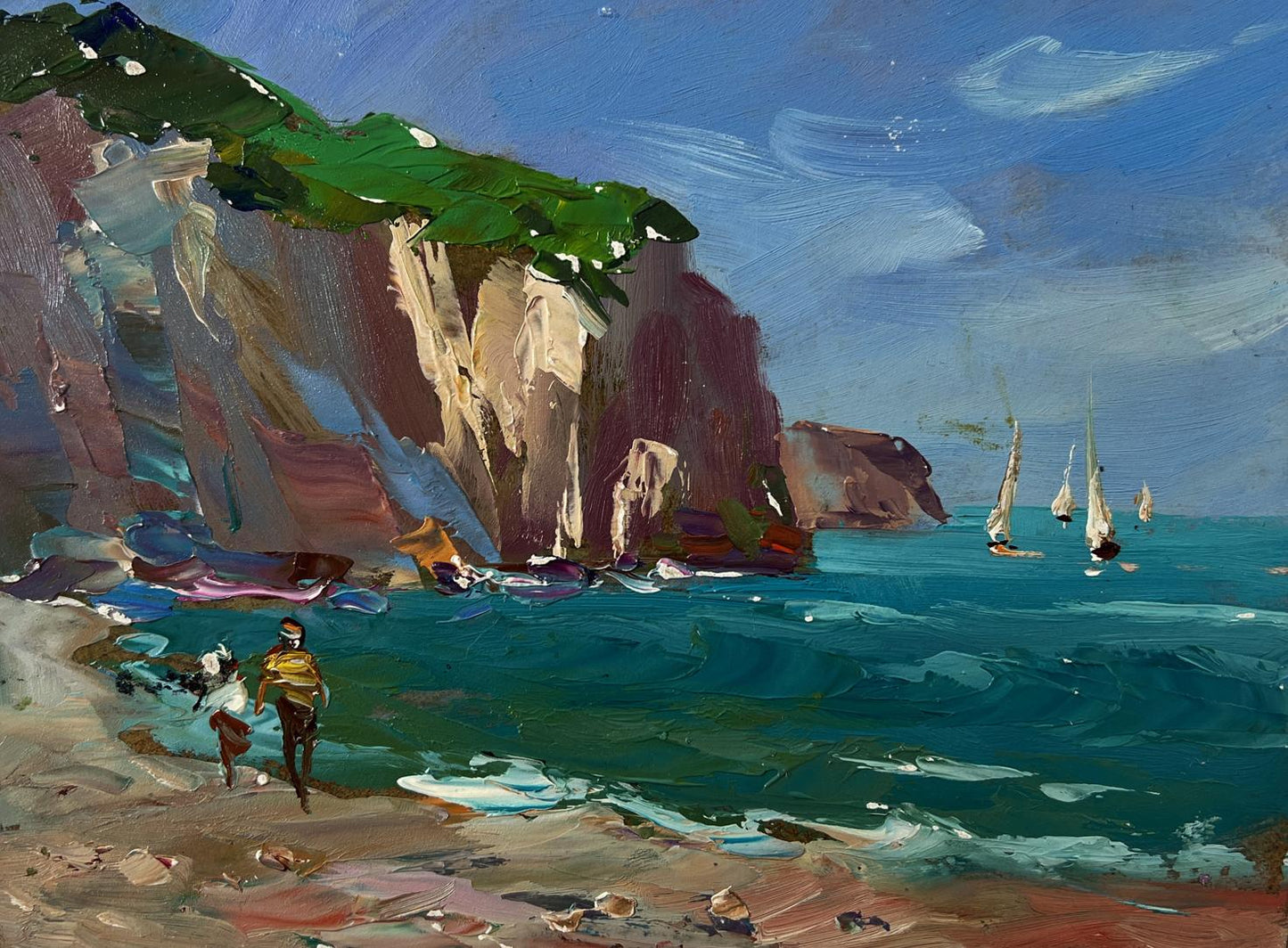 Vibrant oil painting Sea with ships by Yuriy Suprunchuk: coastal cliffs, sailboats