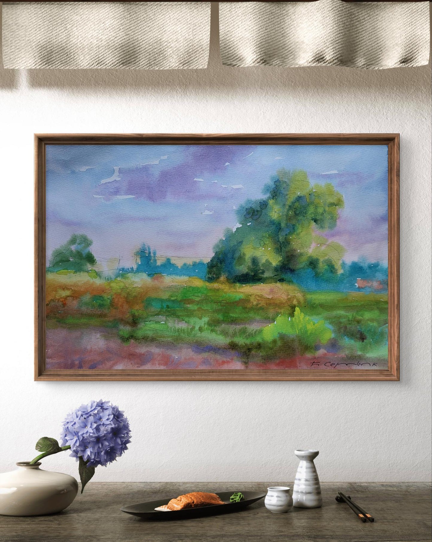 Watercolor painting August summer day by Boris Serdyuk in wooden frame