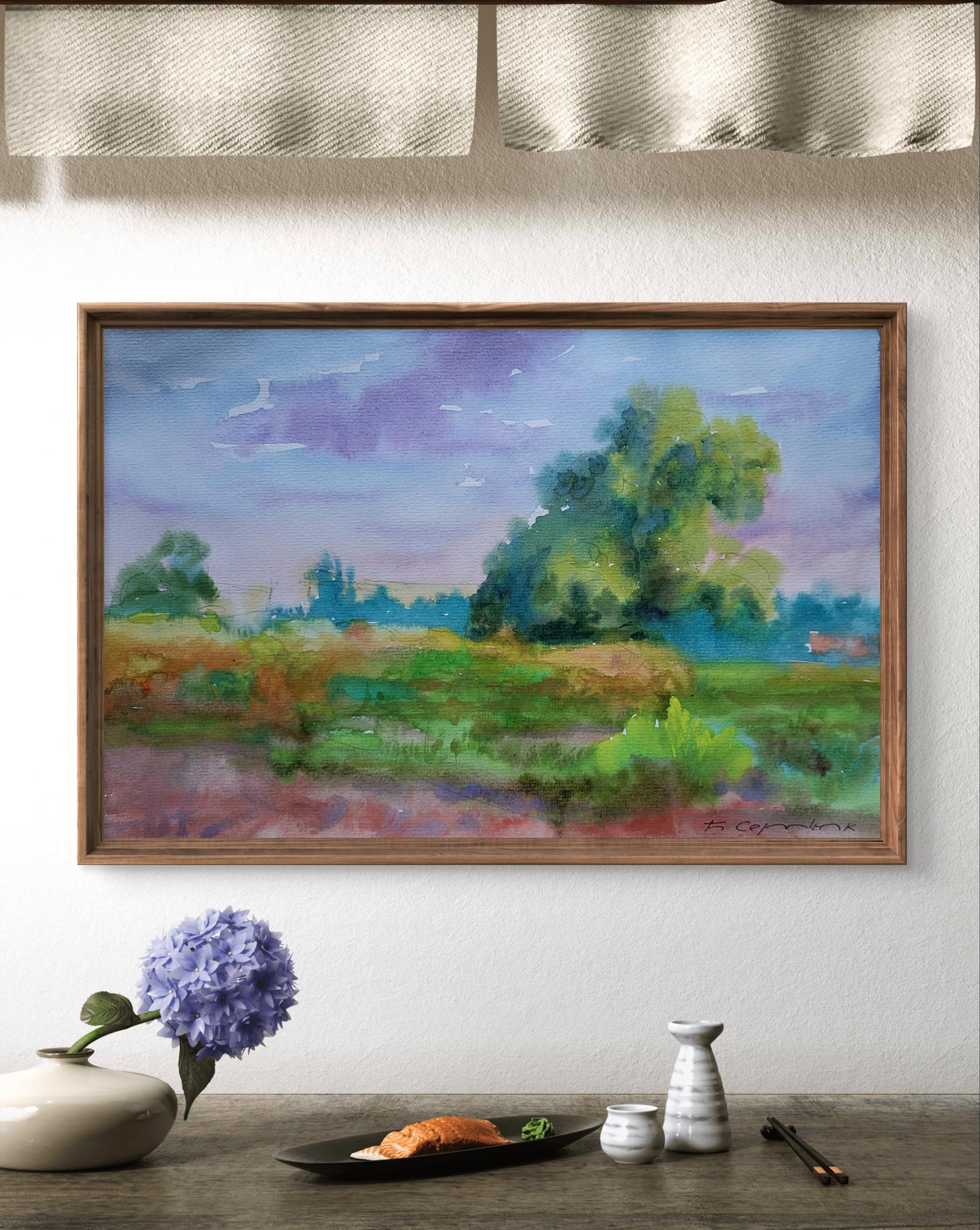 Watercolor painting August summer day by Boris Serdyuk in wooden frame