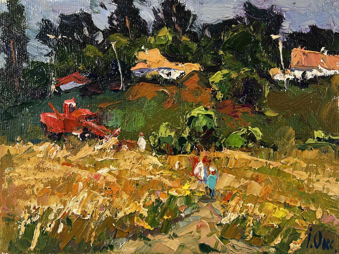 Oil painting by Oksana Ivanyuk: red harvester in golden wheat fields village