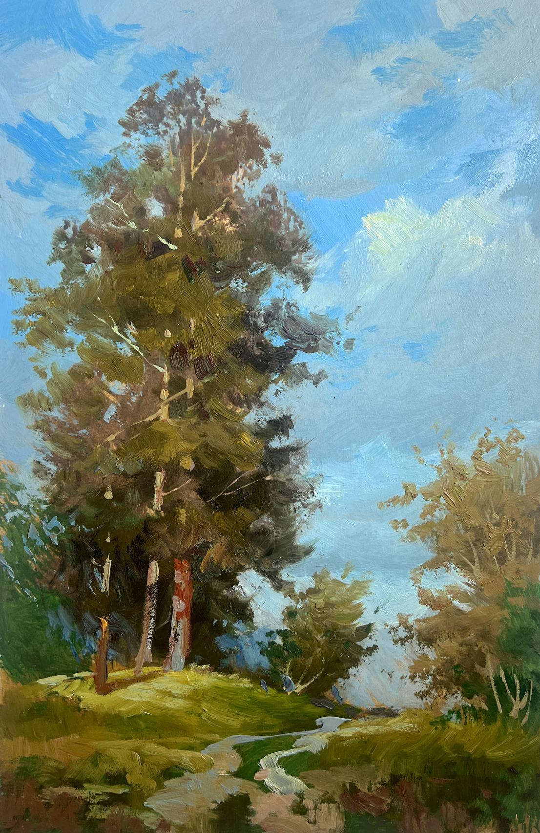 Oil painting of tall lush green tree by Yuriy Suprunchuk against blue sky