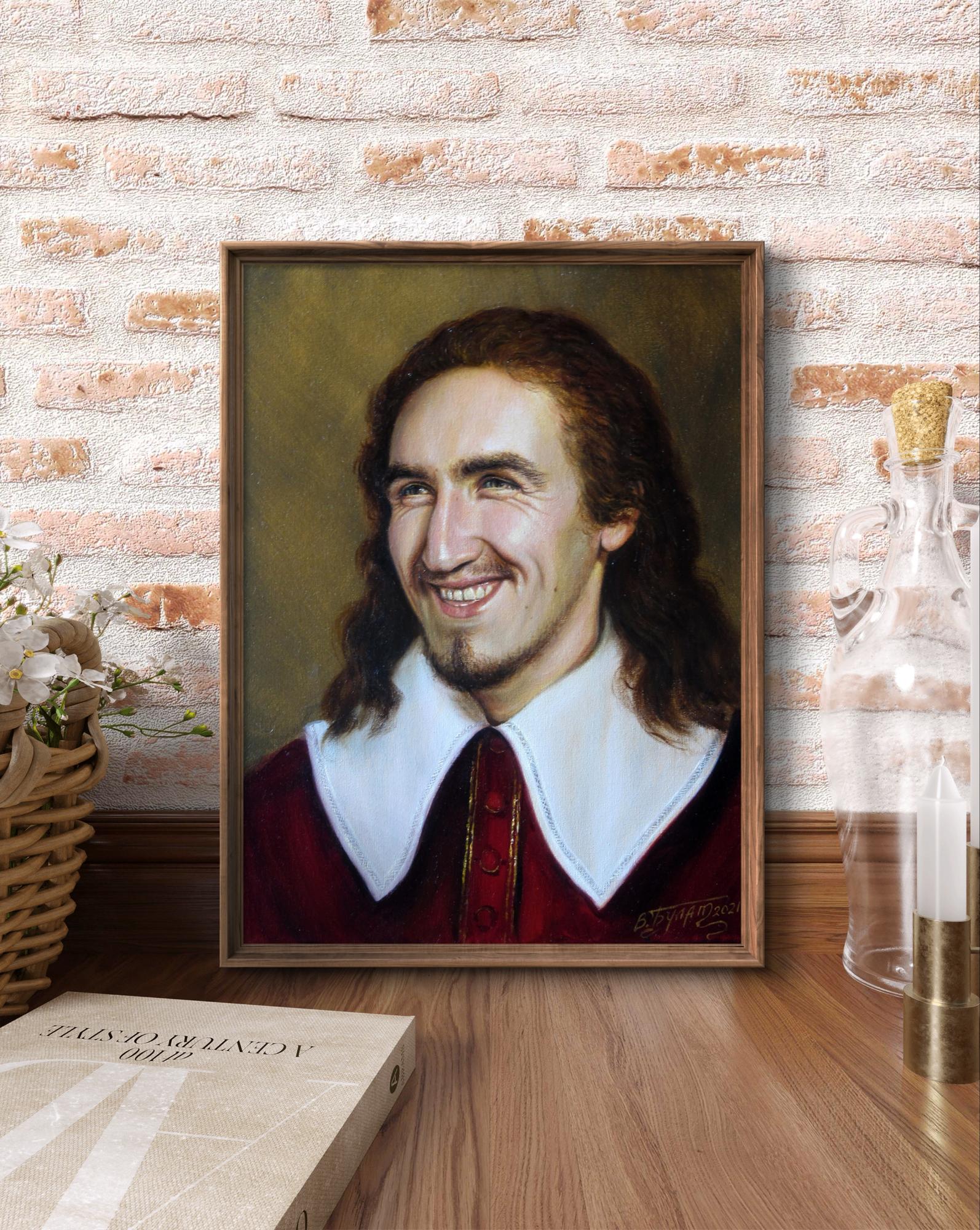 Oil painting Fun time Valeriy Bulat: smiling man with long brown hair