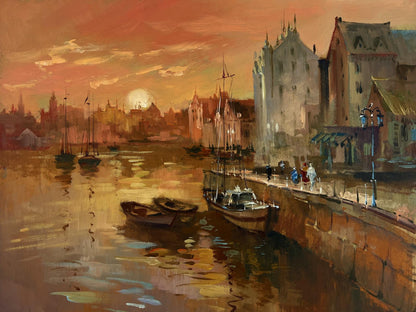 Oil painting of romantic Venice harbor sunset by Yuriy Suprunchuk