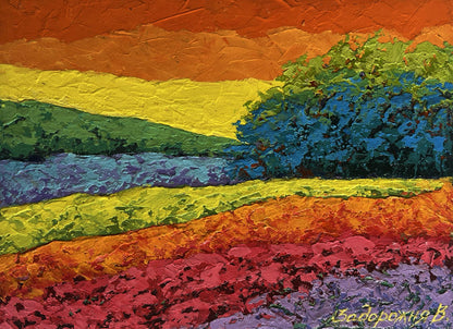 Vibrant fiery sunset oil painting by V. Zadorozhnya with colorful bands and tree