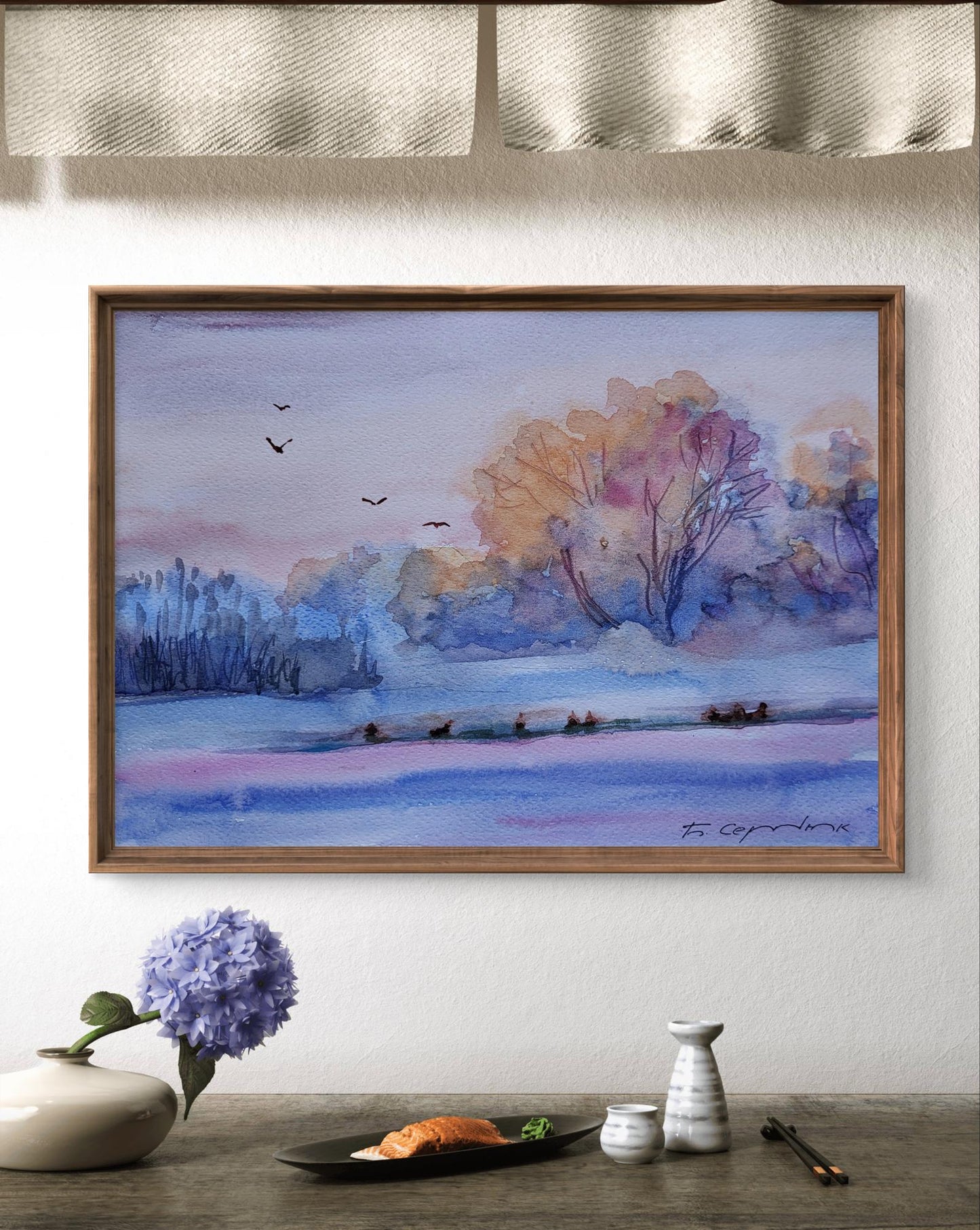 Watercolor Winter Wonder by Boris Serdyuk in wooden frame