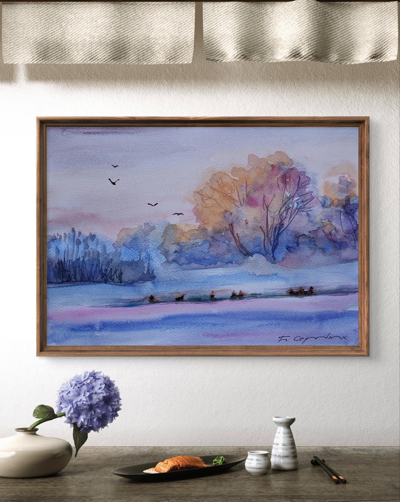 Watercolor Winter Wonder by Boris Serdyuk in wooden frame