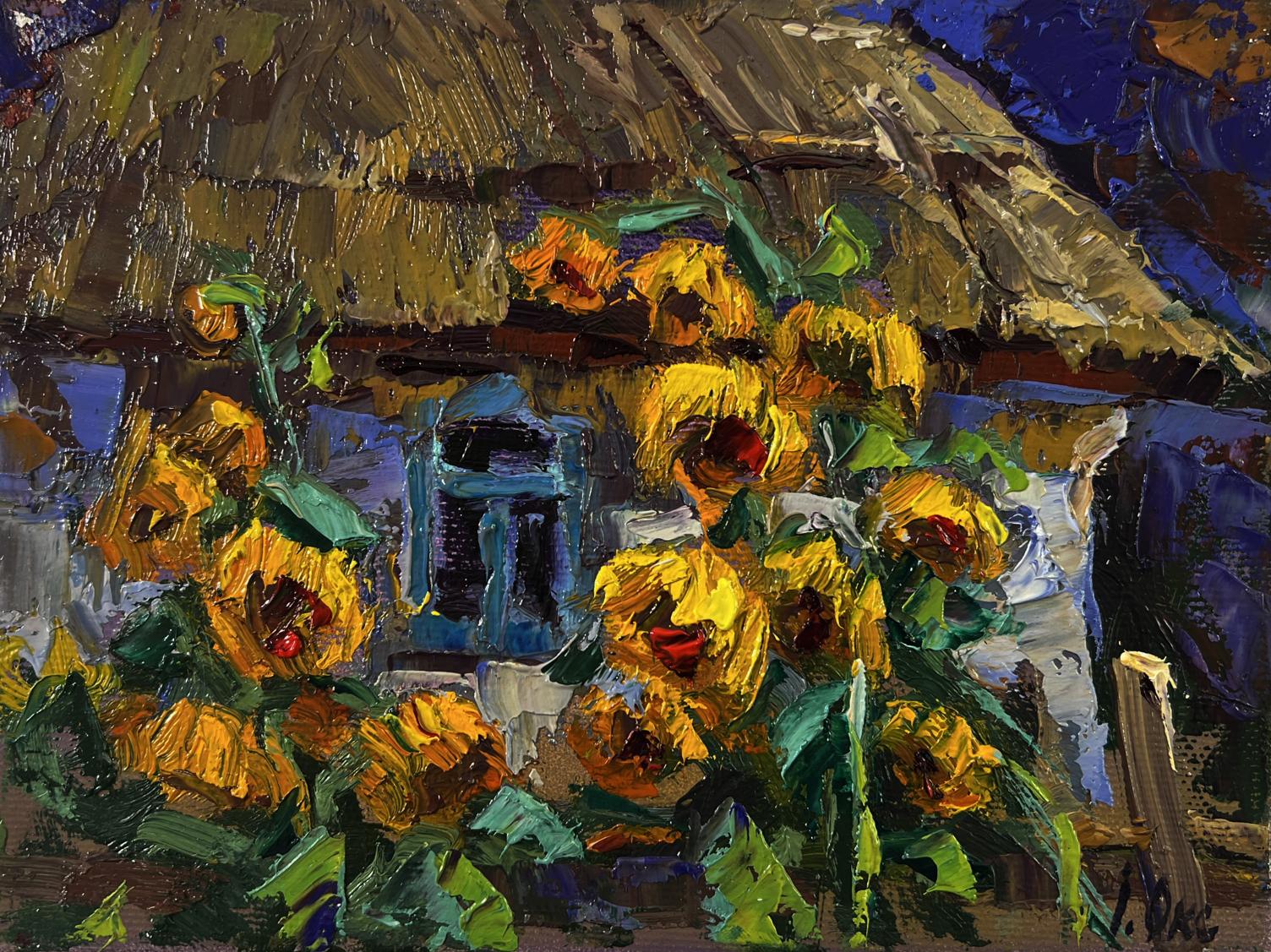 Oil painting Evening sunflowers by Oksana Ivanyuk with vibrant yellow blooms
