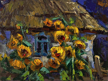 Oil painting Evening sunflowers by Oksana Ivanyuk with vibrant yellow blooms