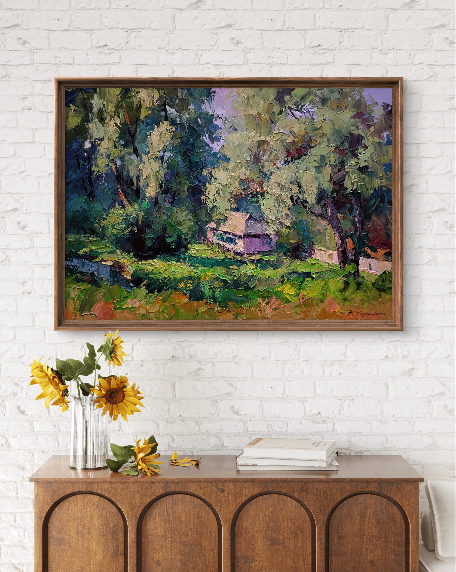 Framed impressionist oil painting of Boris Serdyuk house among greenery