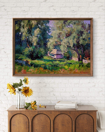 Framed impressionist oil painting of Boris Serdyuk house among greenery