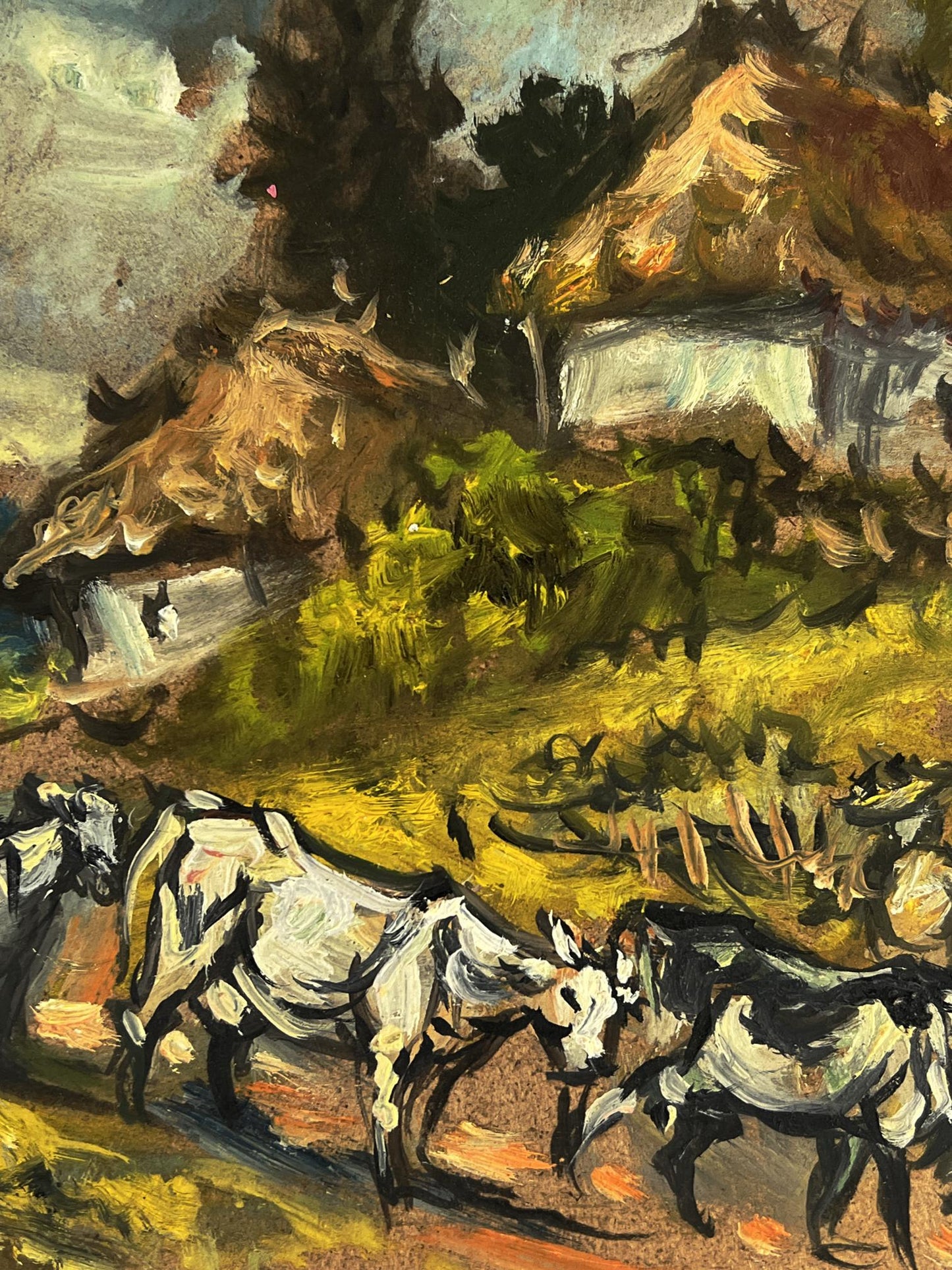 Oil painting by Alexander Litvinov: cows in sunlit village landscape