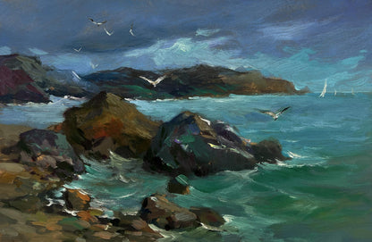 Oil painting by Yuriy Suprunchuk: stormy turquoise sea crashing on rocks